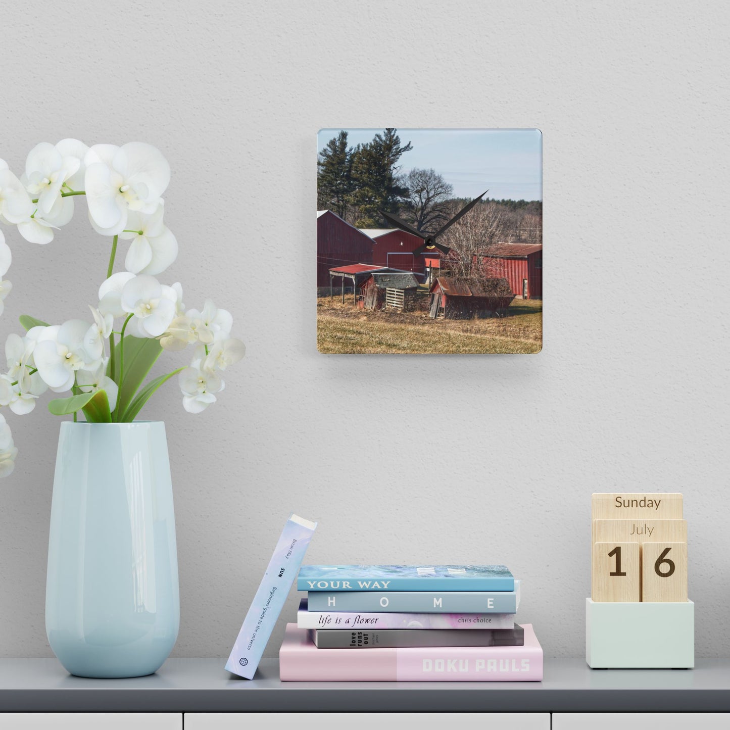 U R There Photography Bronson Lake Reds Rustic Farmhouse Acrylic Analog Wall Clock