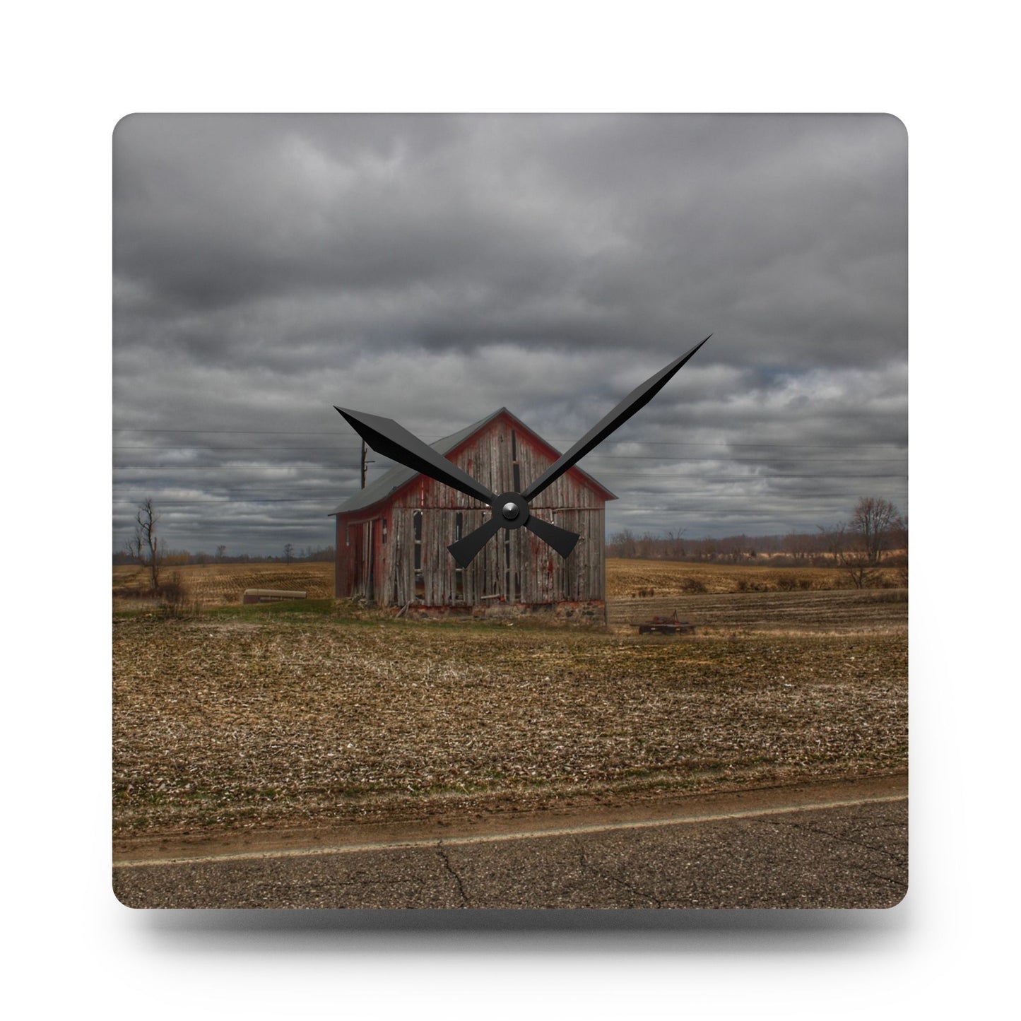 U R There Photography Barnes Road Little Red III Rustic Farmhouse Acrylic Analog Wall Clock