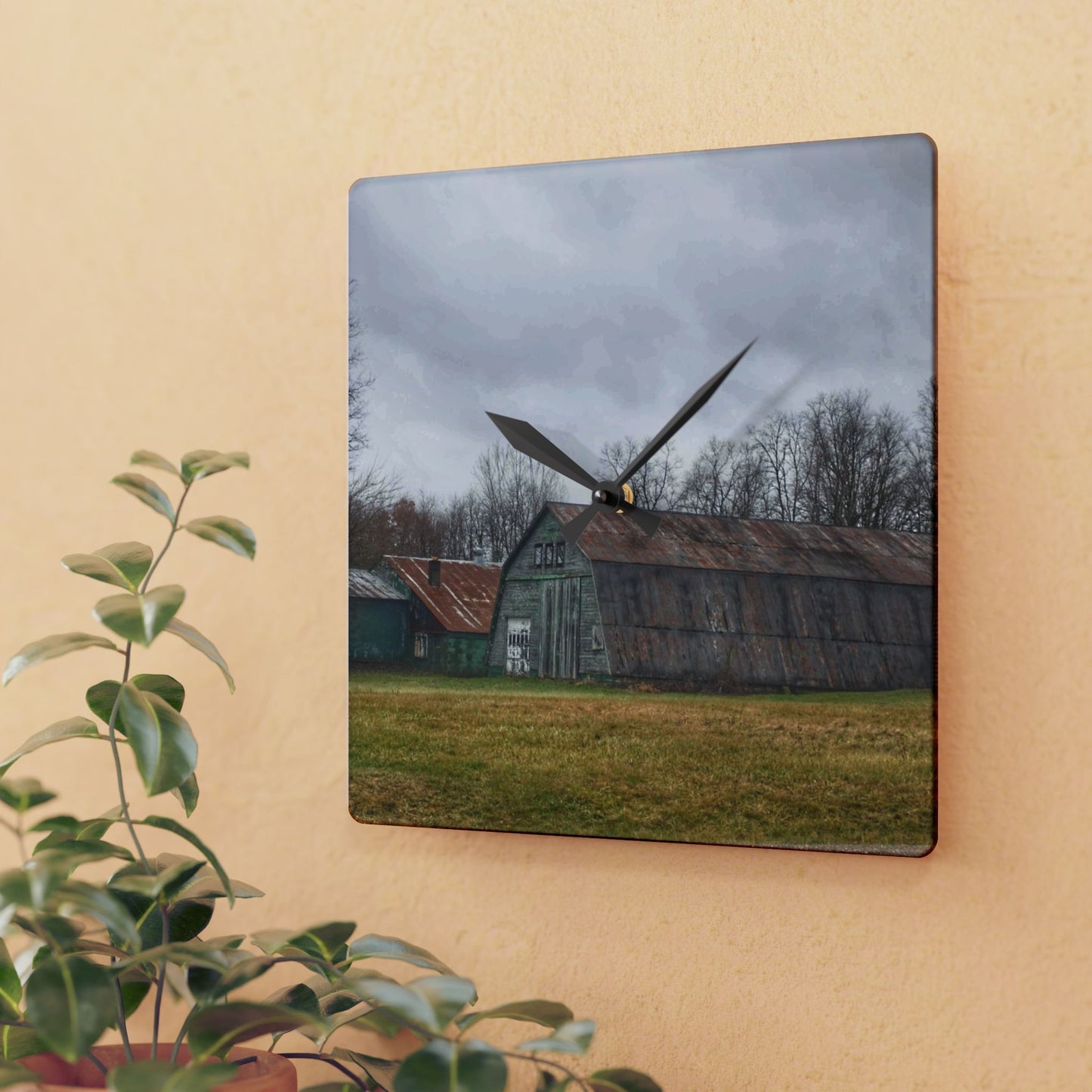 U R There Photography Hough Road Green Quonset III Rustic Farmhouse Acrylic Analog Wall Clock