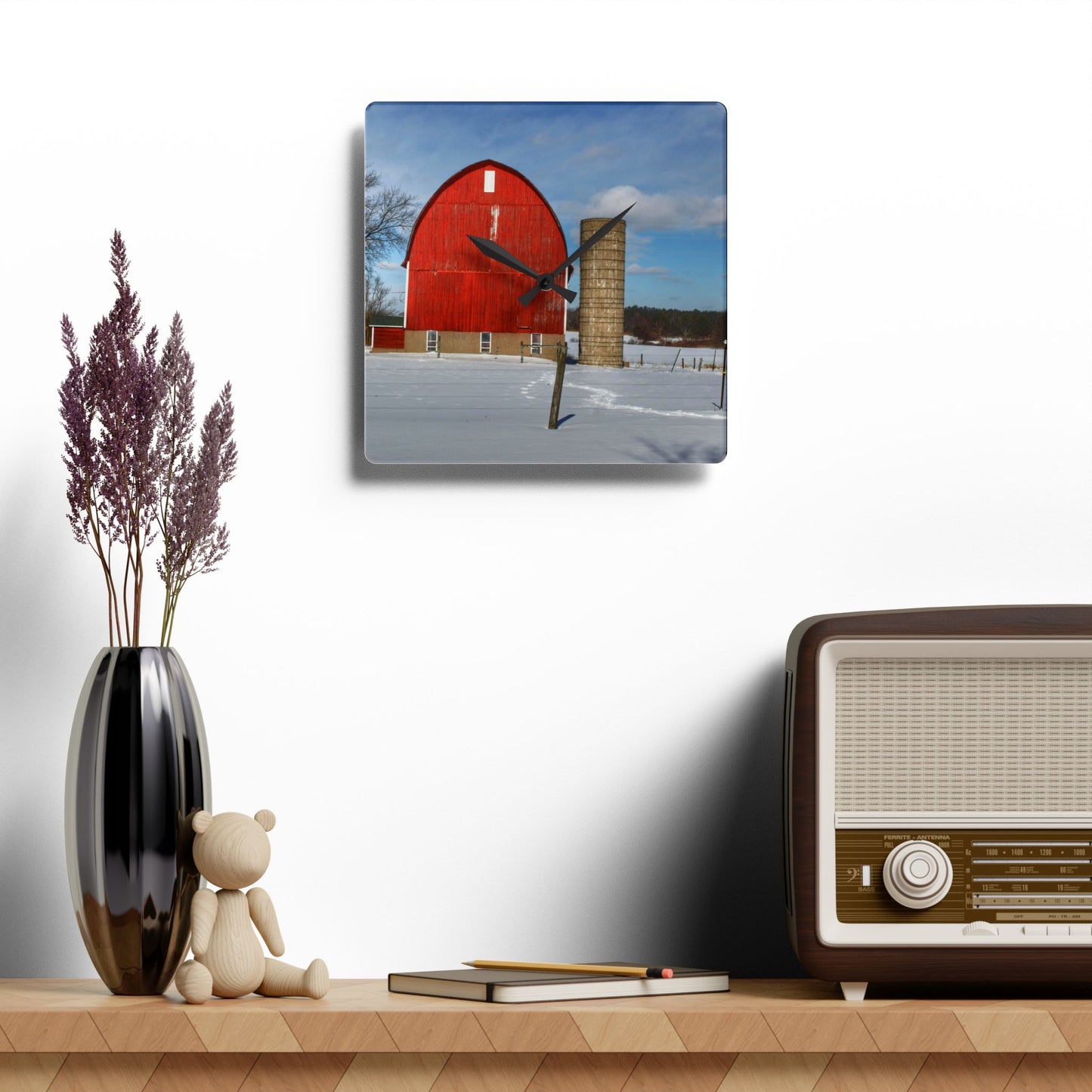 U R There Photography Barnes Road Winter Red Rustic Farmhouse Acrylic Analog Wall Clock