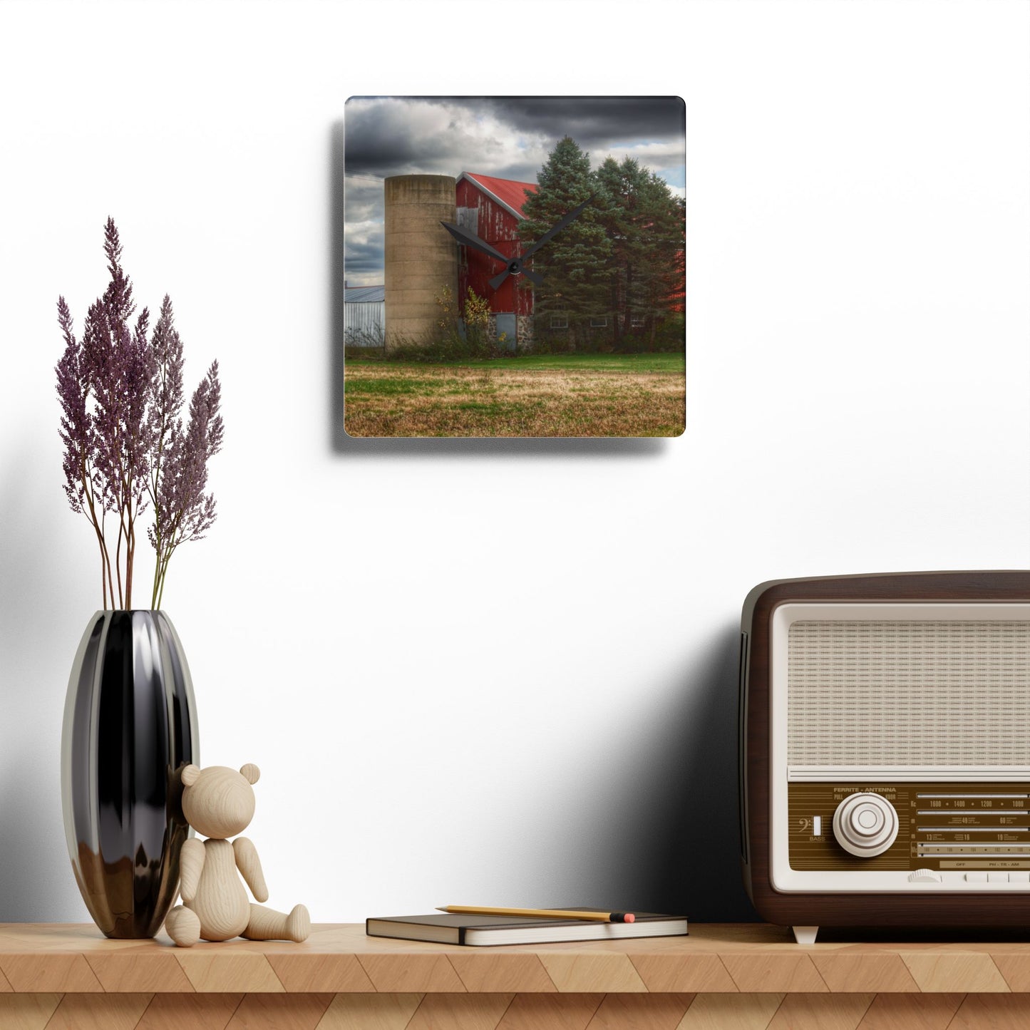 U R There Photography Laur Road Red Among the Pines II Rustic Farmhouse Acrylic Analog Wall Clock