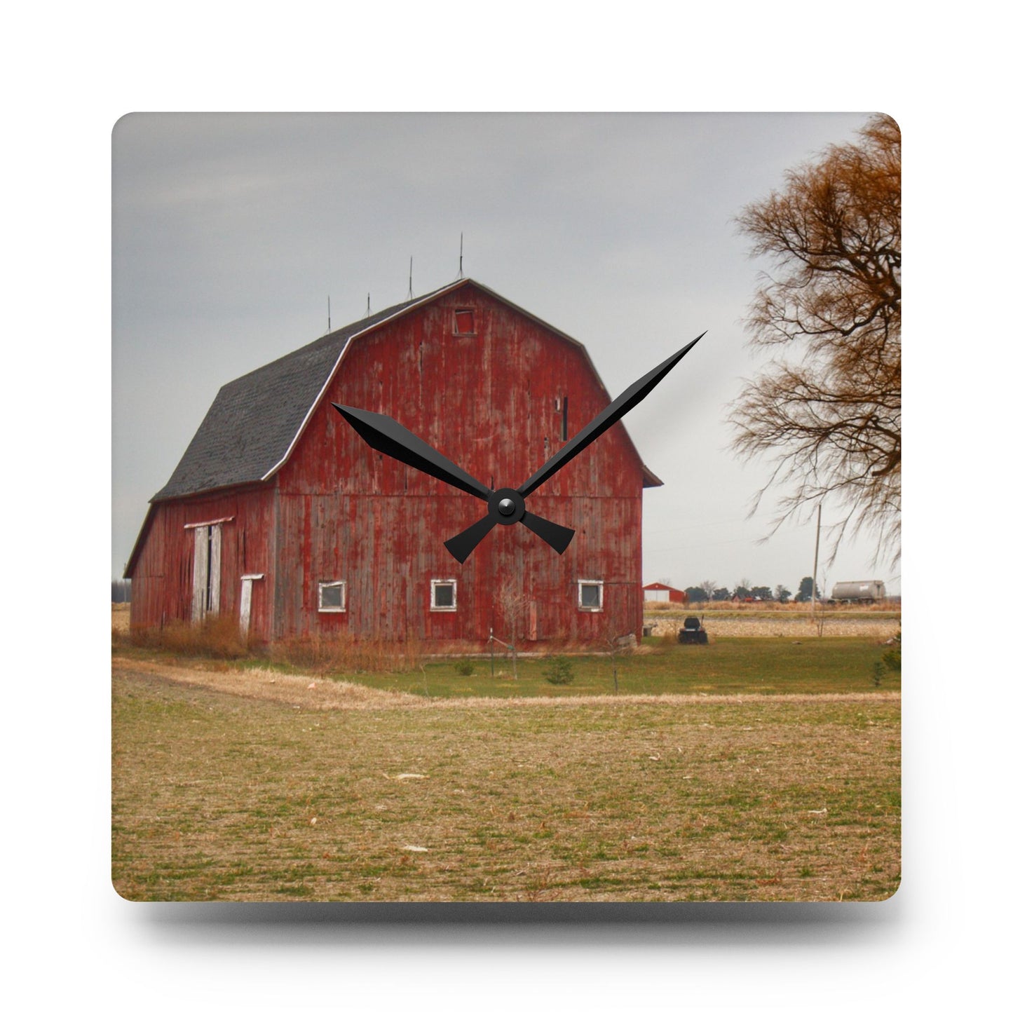 U R There Photography Loomis Road Red Rustic Farmhouse Acrylic Analog Wall Clock