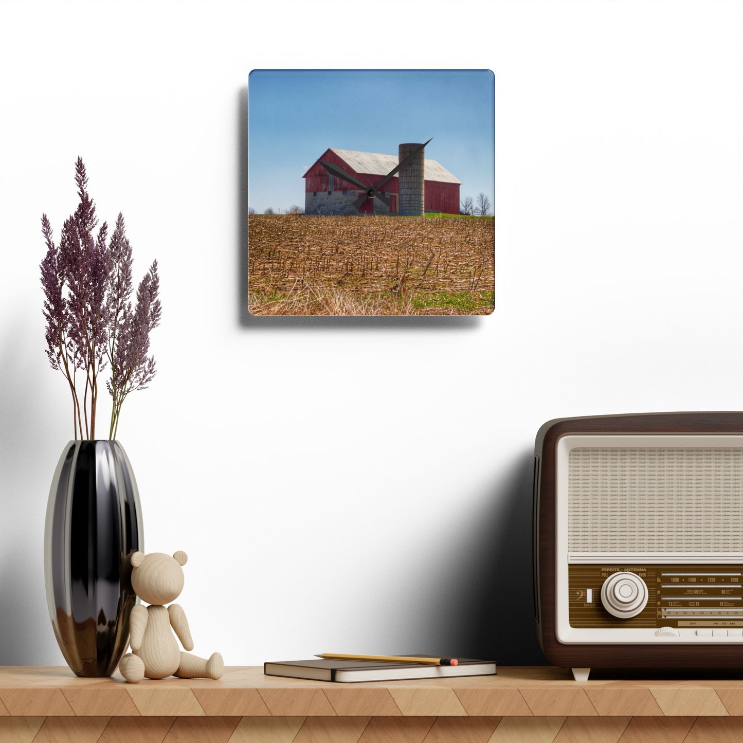 U R There Photography Lee Hill Road Block Red Rustic Farmhouse Acrylic Analog Wall Clock