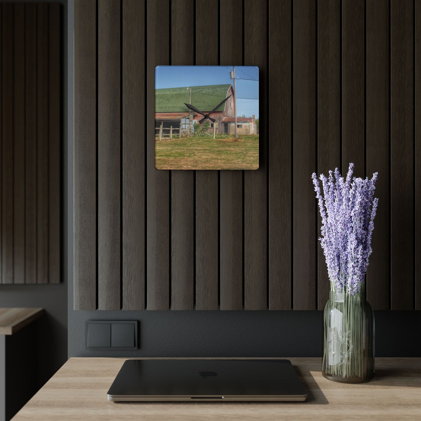 U R There Photography Farrand Road Red with Corral Rustic Farmhouse Acrylic Analog Wall Clock