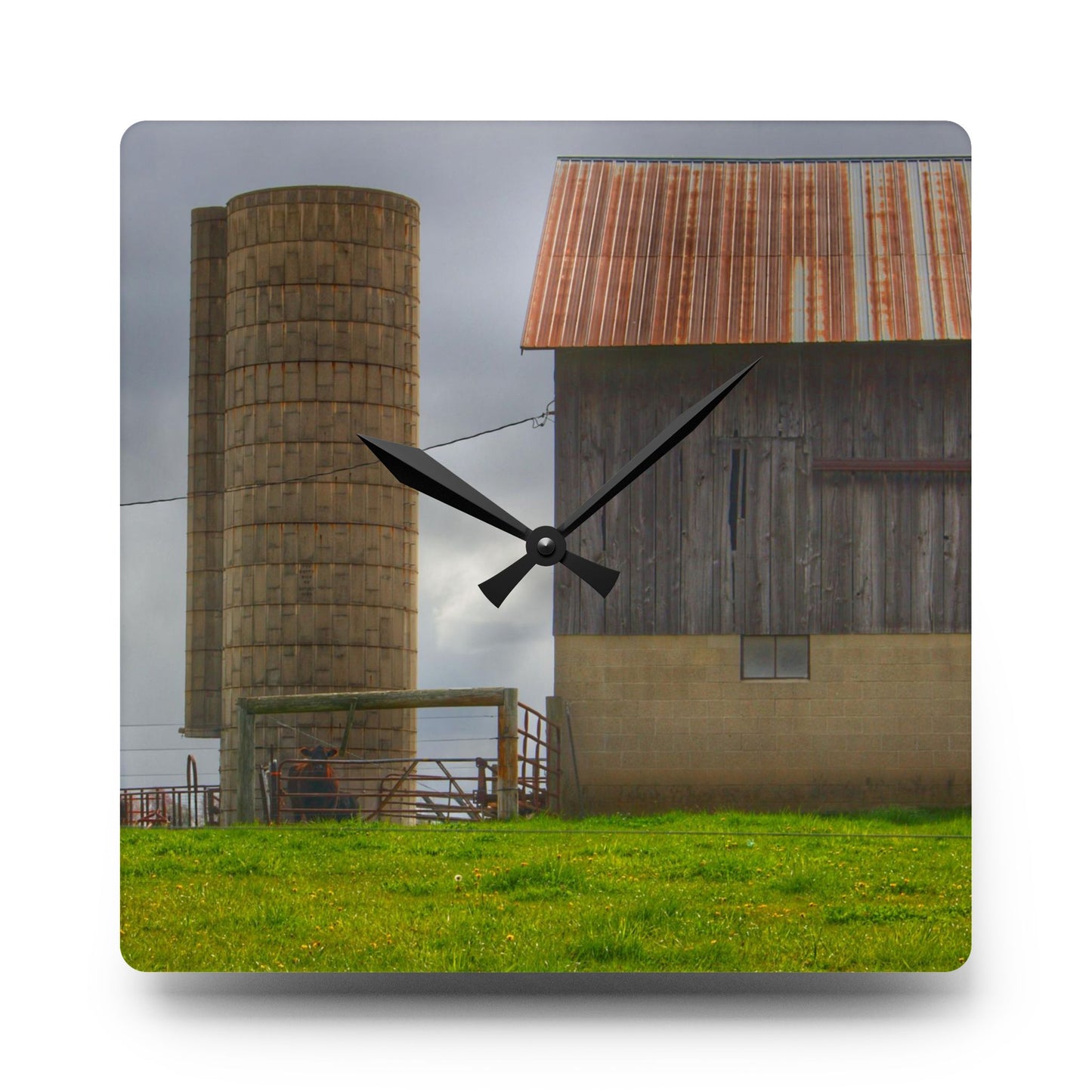 U R There Photography Clothier Road Grey and Silo Rustic Farmhouse Acrylic Analog Wall Clock