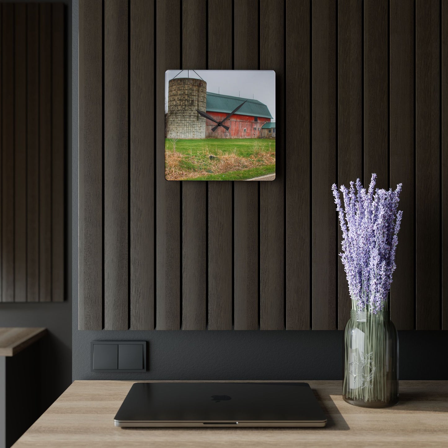 U R There Photography Plumb Creek Road Red I Rustic Farmhouse Acrylic Analog Wall Clock