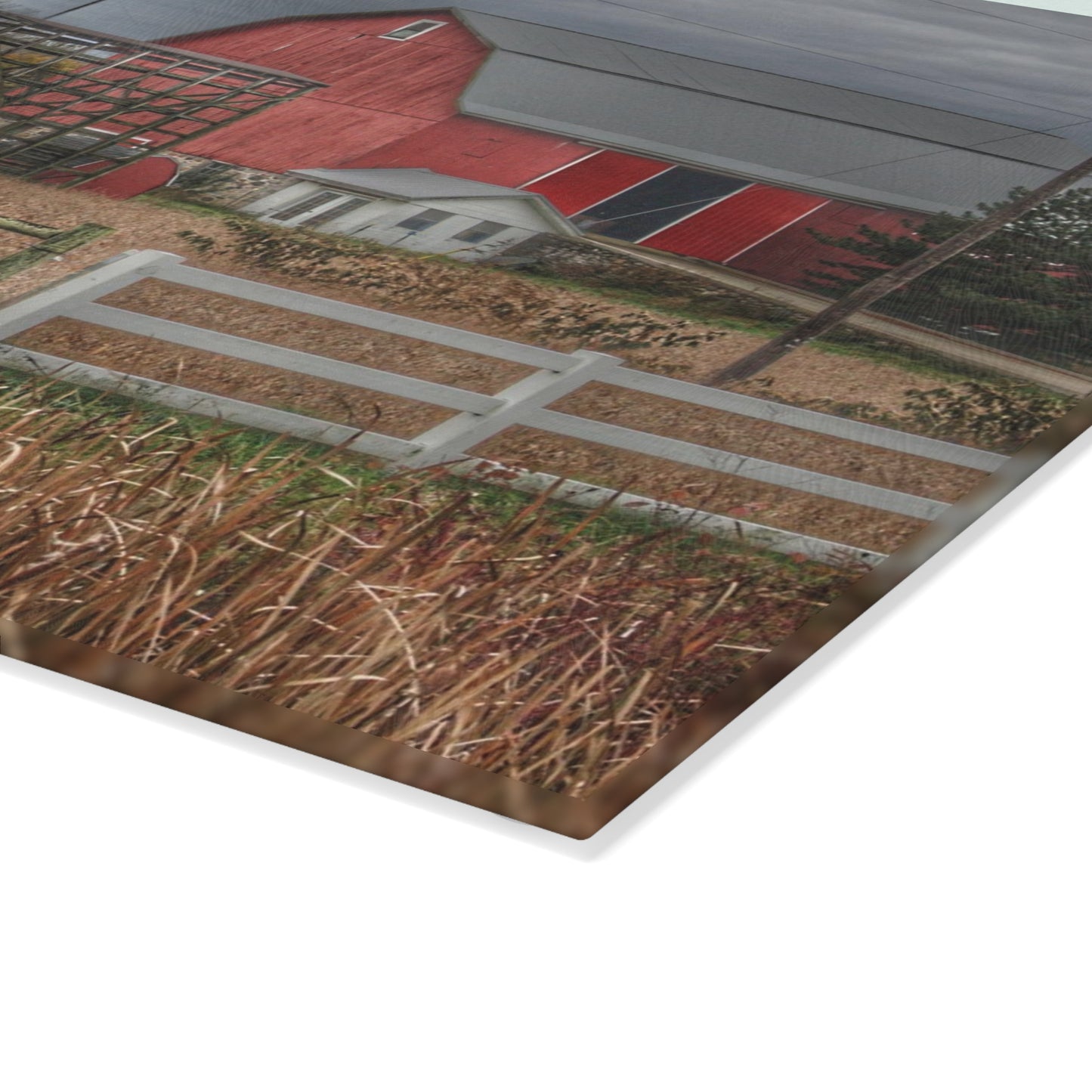 U R There Photography Barnes Road Red in Fall Rustic Farmhouse Tempered-Glass Cutting Board