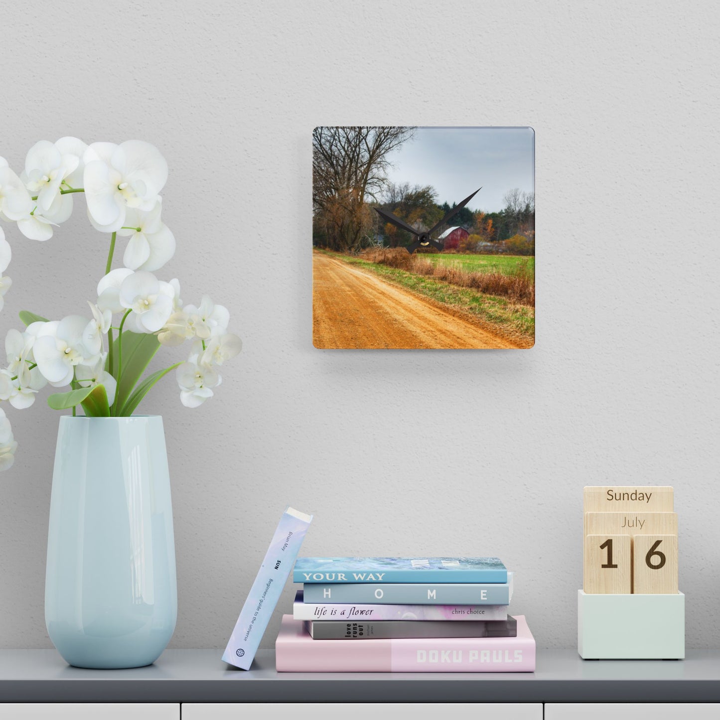 U R There Photography Stone Road Red Rustic Farmhouse Acrylic Analog Wall Clock
