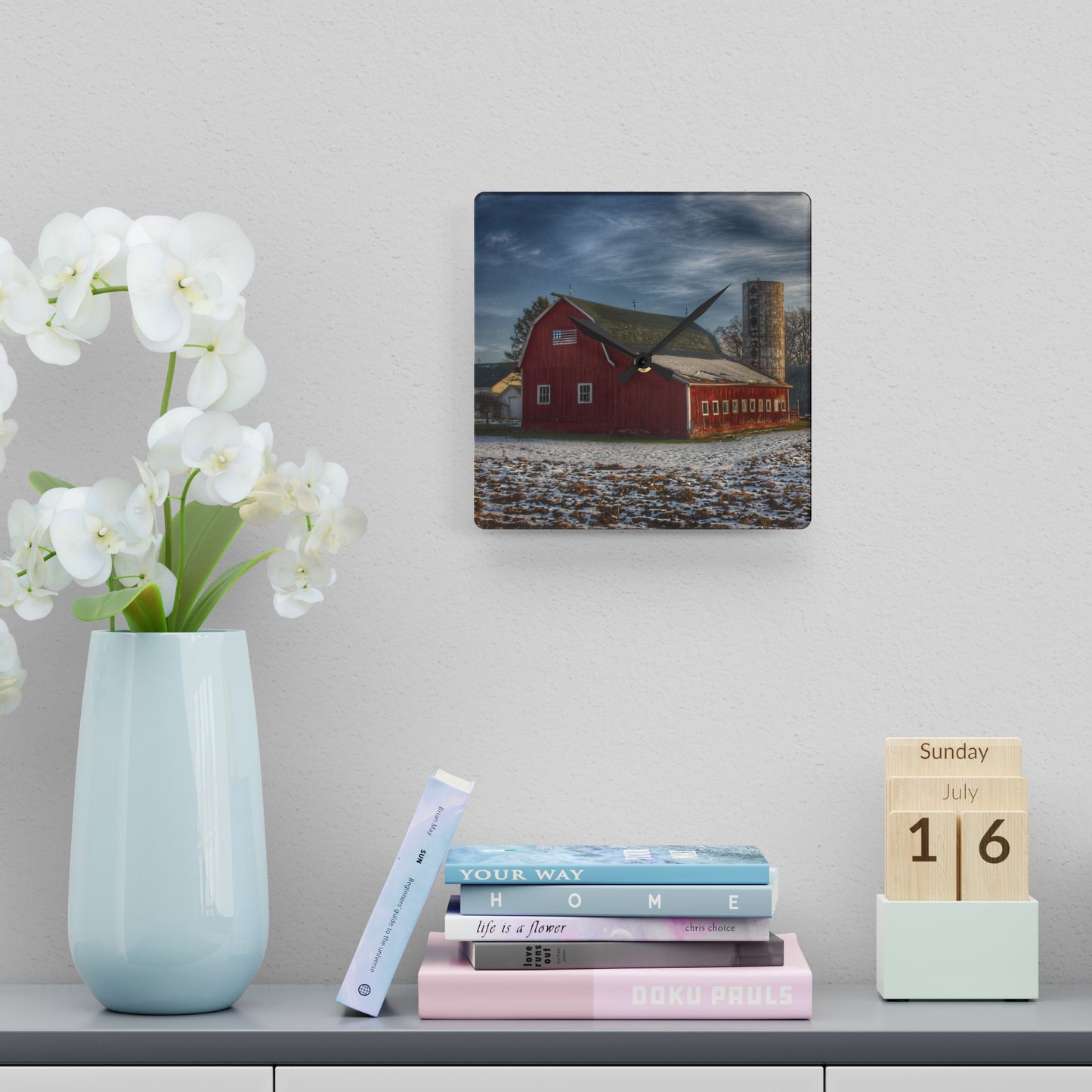 U R There Photography Mitchell Lake Road Red Rustic Farmhouse Acrylic Analog Wall Clock
