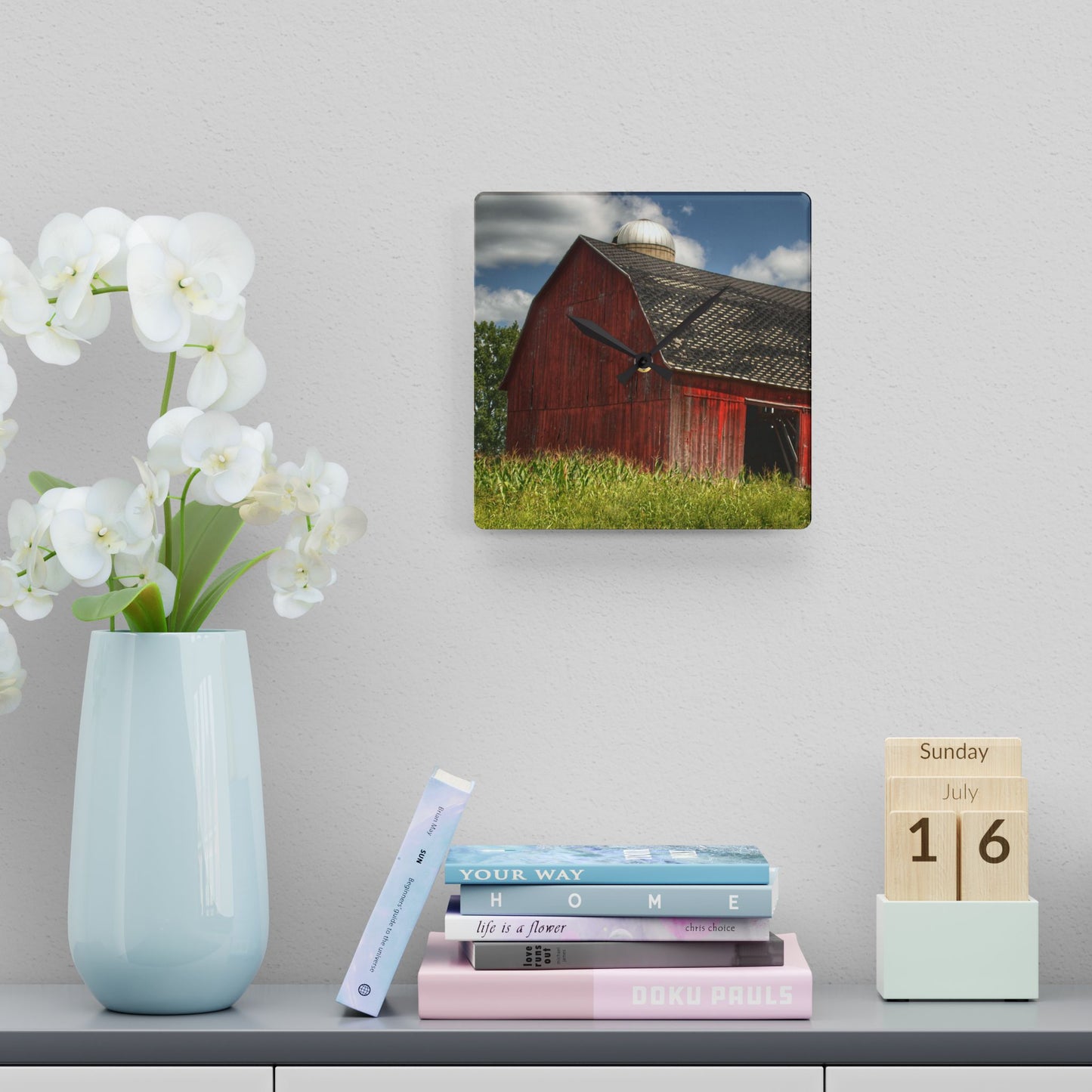 U R There Photography Hollenbeck Road Red I Rustic Farmhouse Acrylic Analog Wall Clock