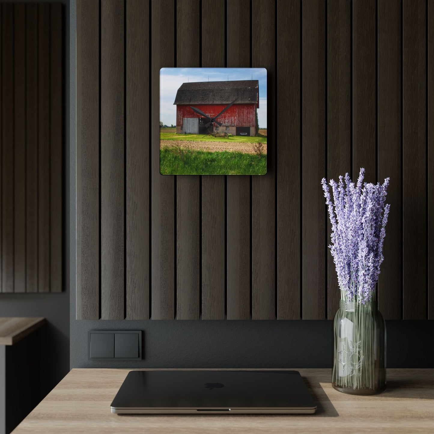 U R There Photography Unionville Elmwood Road Red II Rustic Farmhouse Acrylic Analog Wall Clock