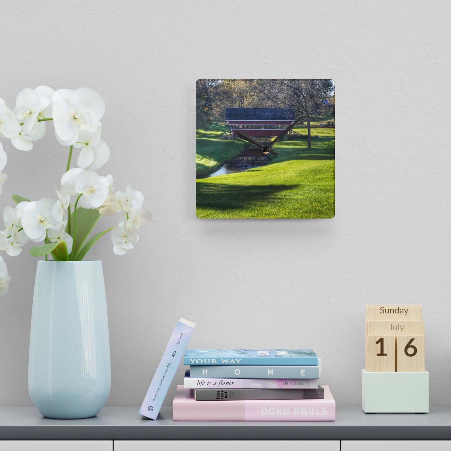 U R There Photography Hadley Covered Bridge I Rustic Farmhouse Acrylic Analog Wall Clock