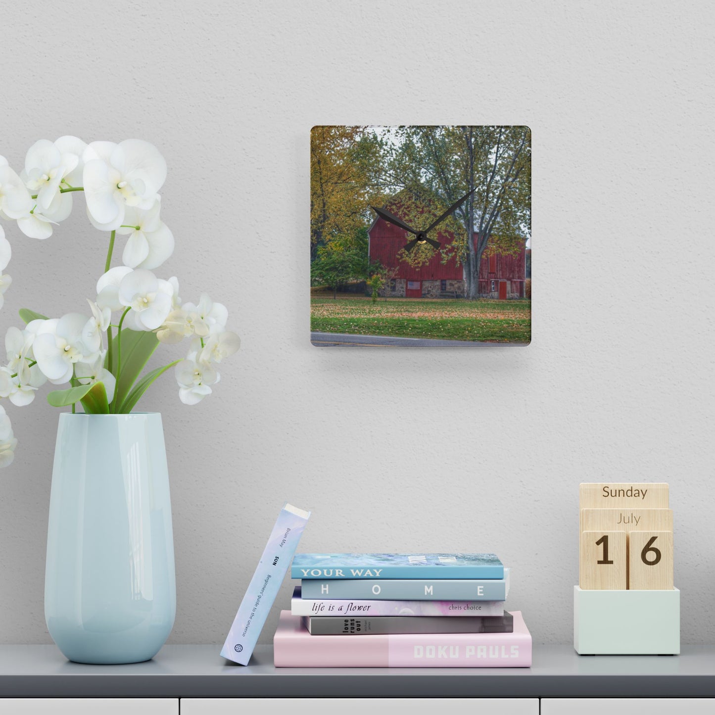 U R There Photography Mayville Lapeer Road Red in the Fall Rustic Farmhouse Acrylic Analog Wall Clock