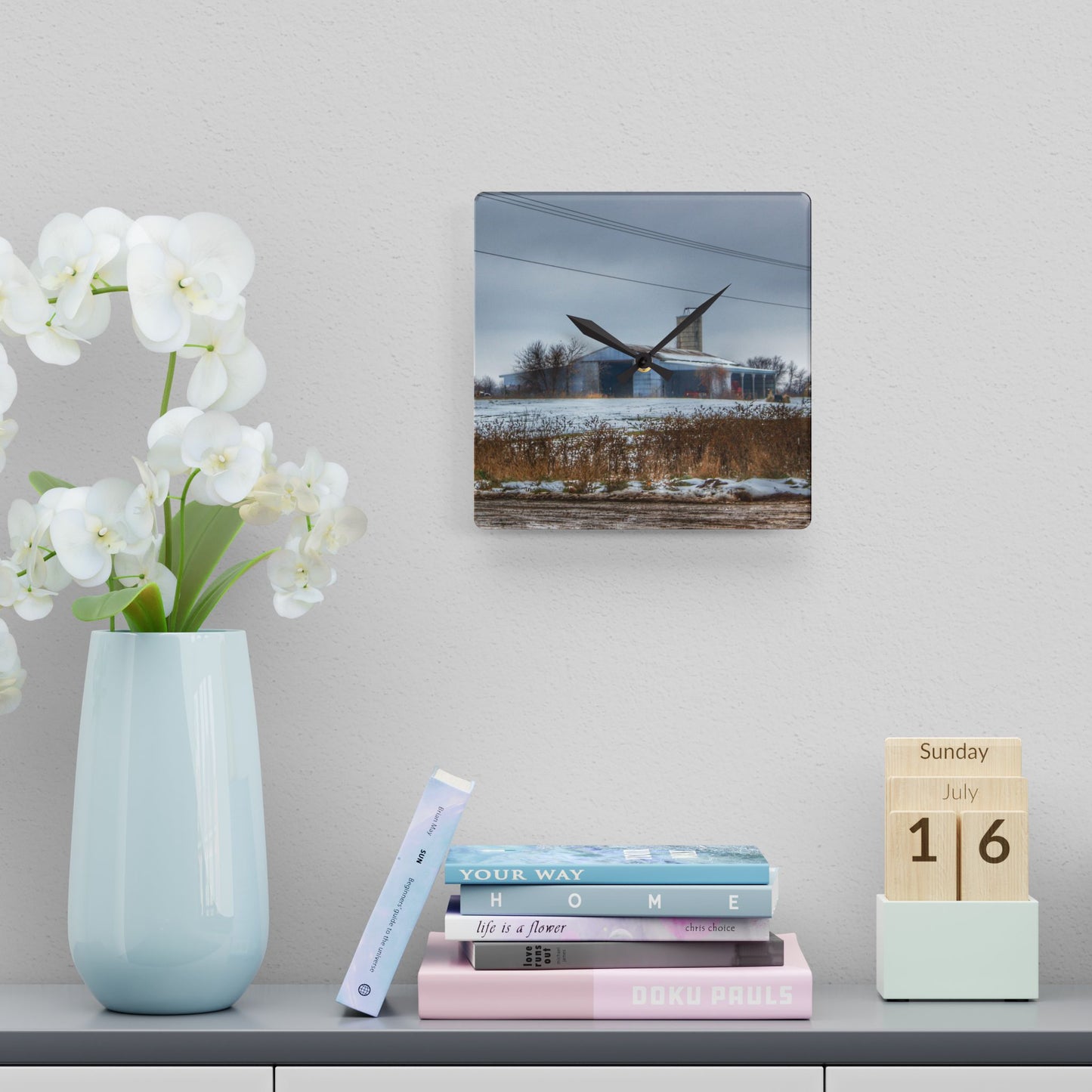 U R There Photography Noble Road Blue Cow Barn Rustic Farmhouse Acrylic Analog Wall Clock