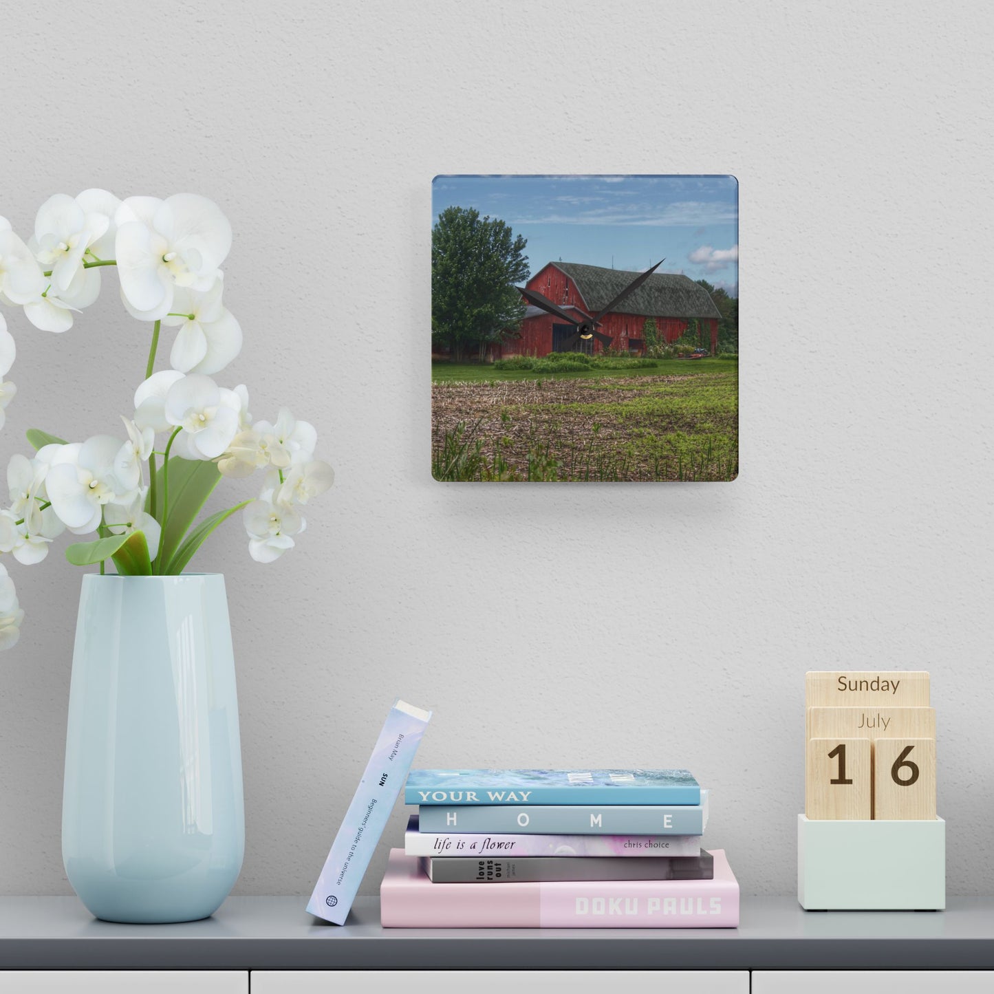 U R There Photography Murphy Lake Road Reds Rustic Farmhouse Acrylic Analog Wall Clock