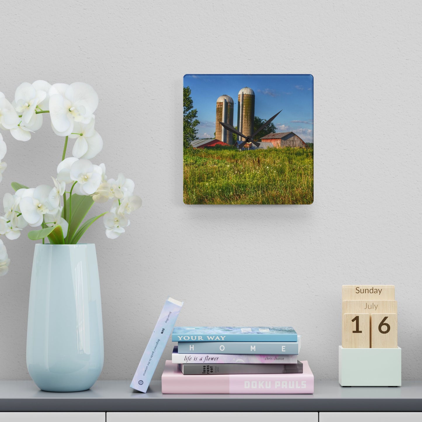 U R There Photography Morrish Road Silos II Rustic Farmhouse Acrylic Analog Wall Clock