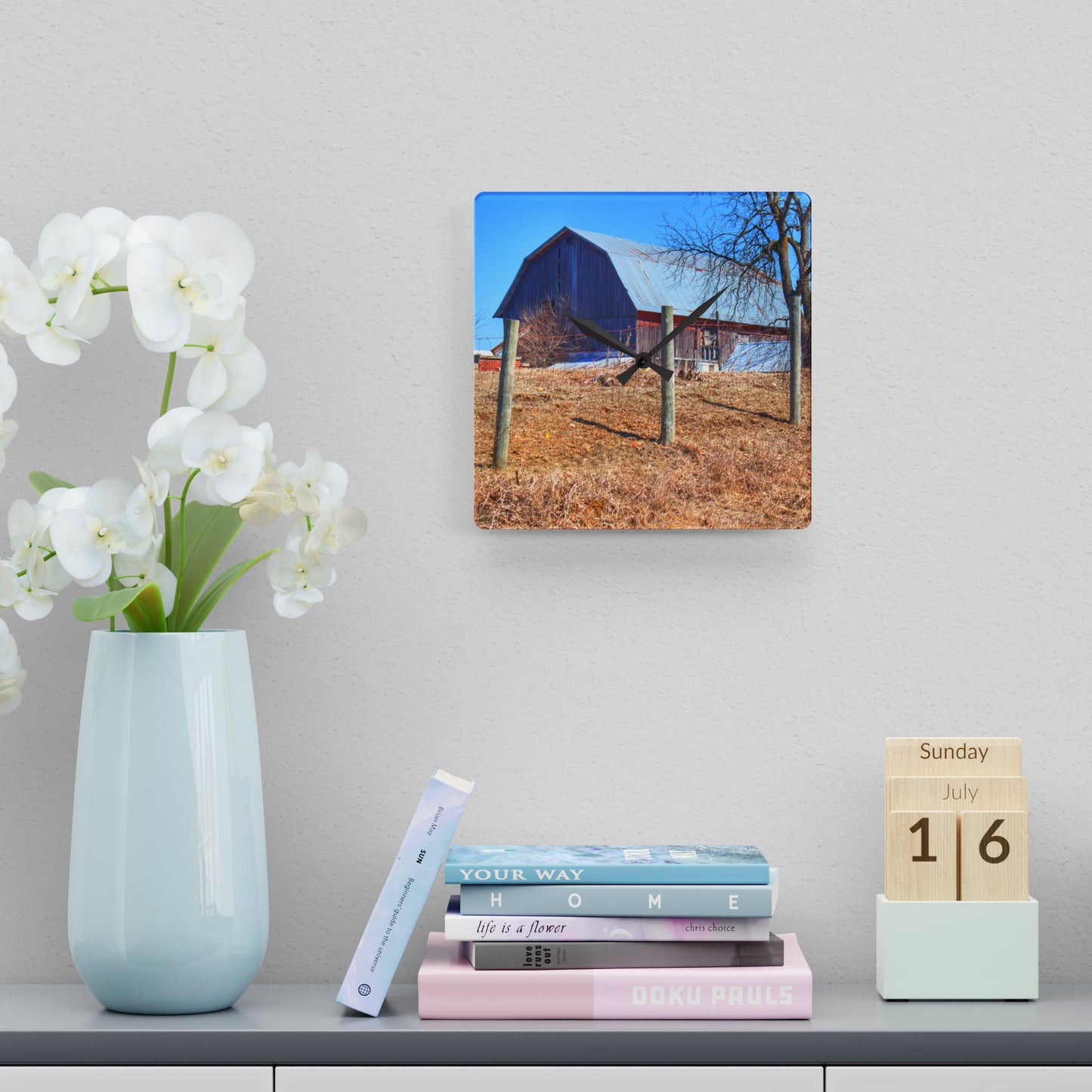 U R There Photography Marathon Haybarn on the Hill II Rustic Farmhouse Acrylic Analog Wall Clock