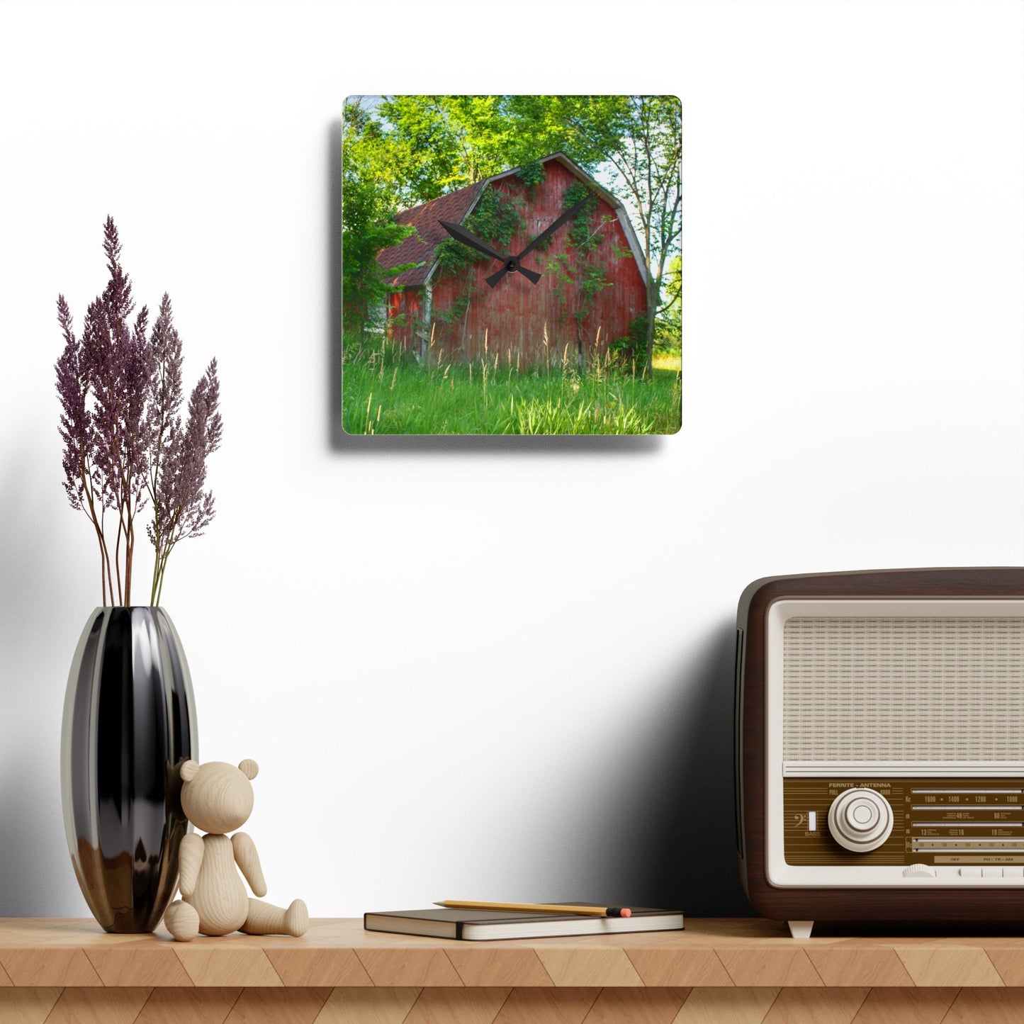 U R There Photography Murphy Lake Road Old Red Rustic Farmhouse Acrylic Analog Wall Clock