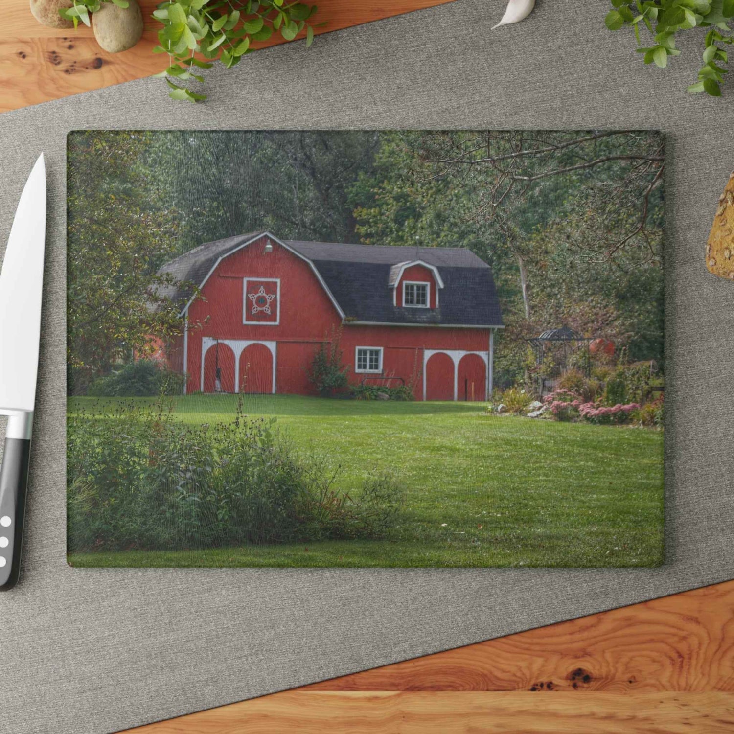 U R There Photography Charming Red Rustic Farmhouse Tempered-Glass Cutting Board 11" x 15" Rectangle