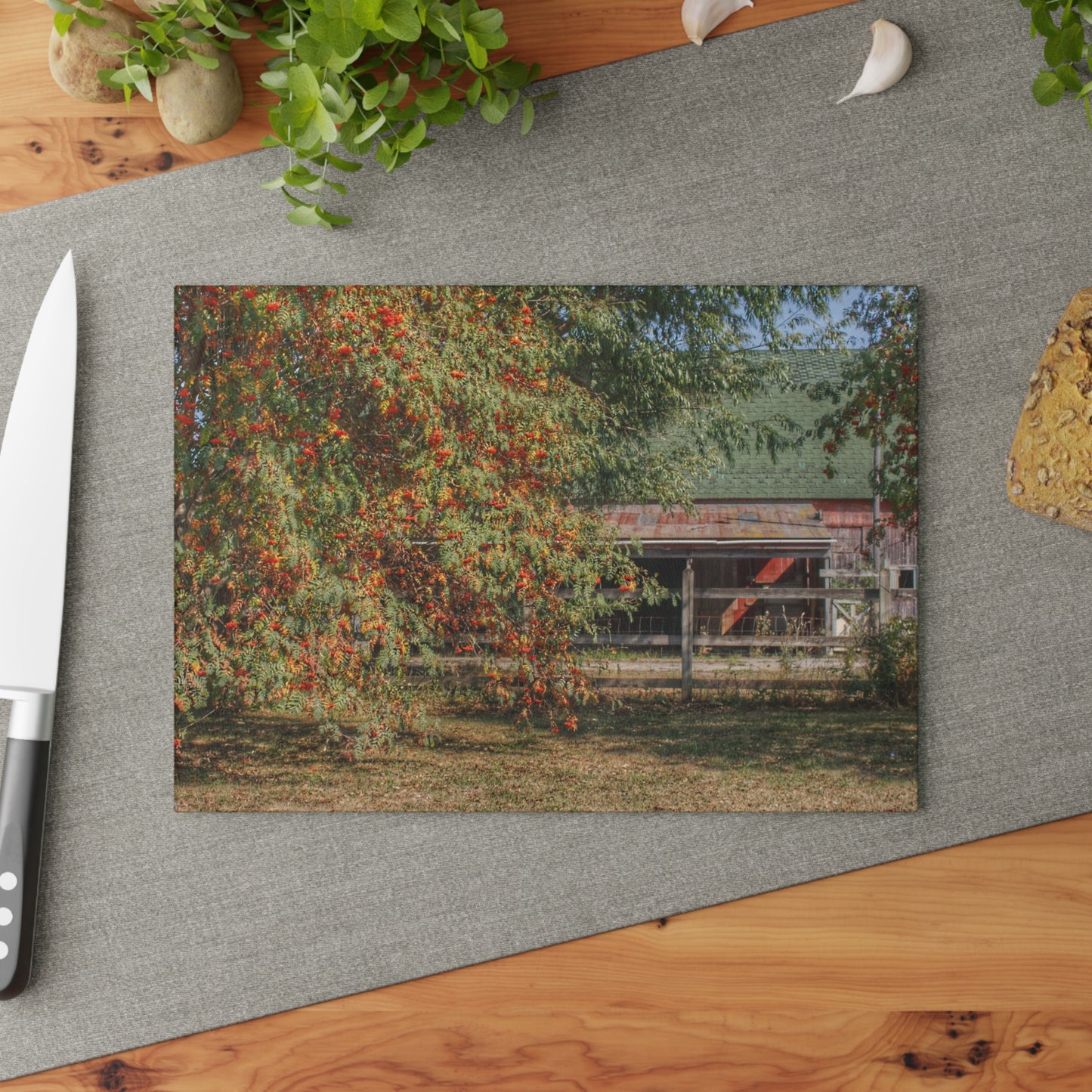 U R There Photography Farrand Road Red Coral by Flowering Tree Rustic Farmhouse Tempered-Glass Cutting Board
