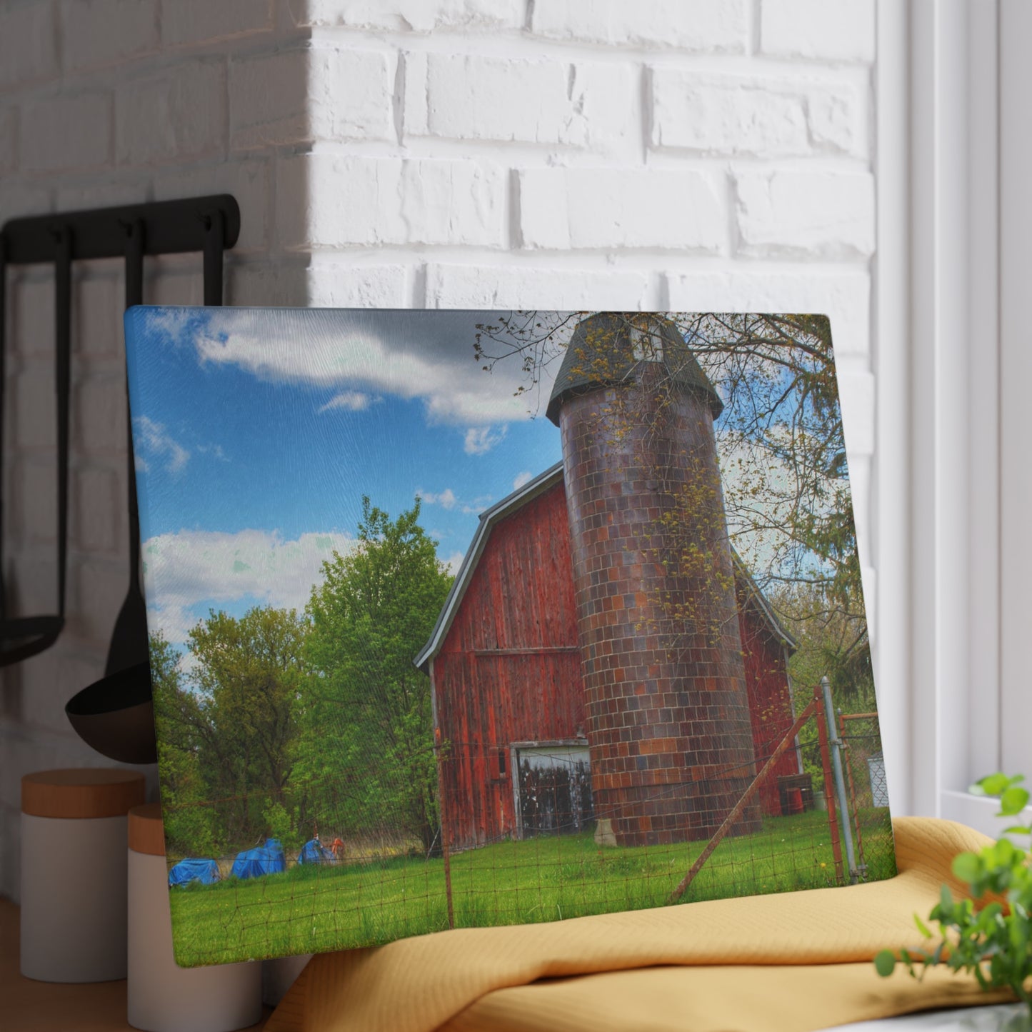 U R There Photography Mead Road Red Rustic Farmhouse Tempered-Glass Cutting Board