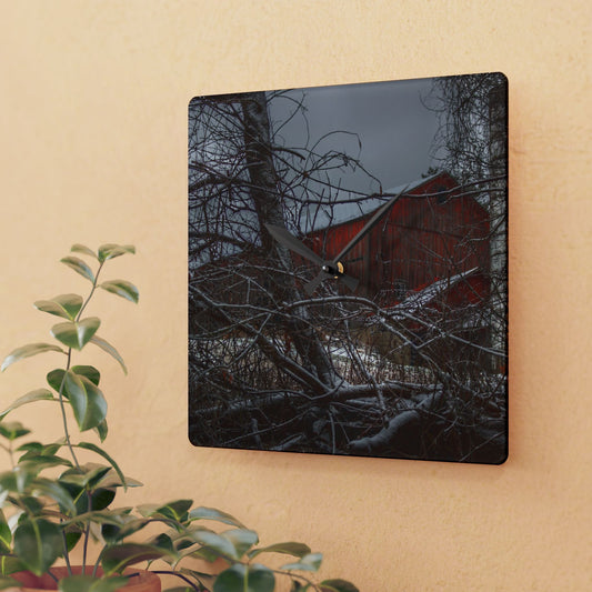 U R There Photography Sandhill Road Hidden Red II Rustic Farmhouse Acrylic Analog Wall Clock