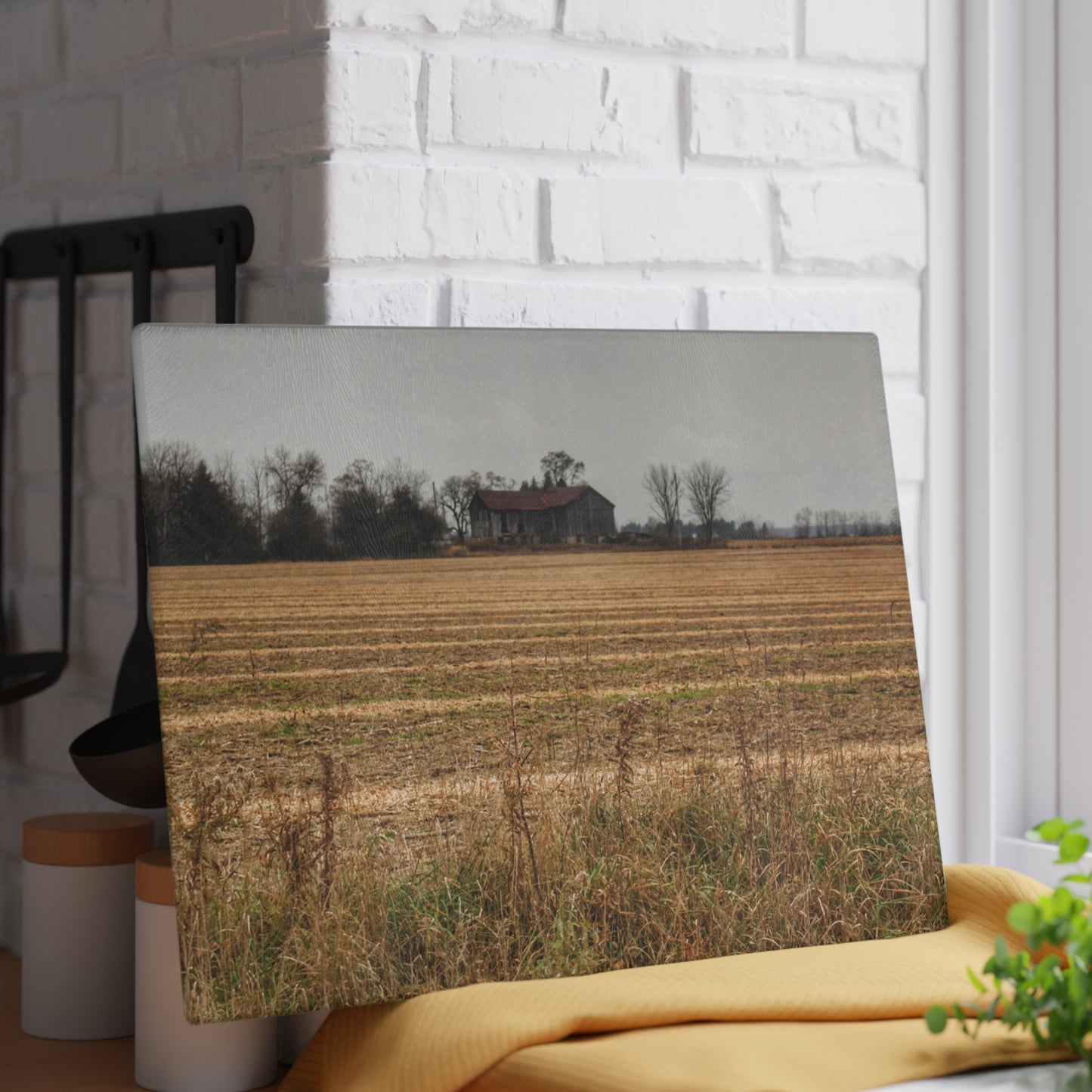 U R There Photography Freiberger Road Grey Across the Field Rustic Farmhouse Tempered-Glass Cutting Board