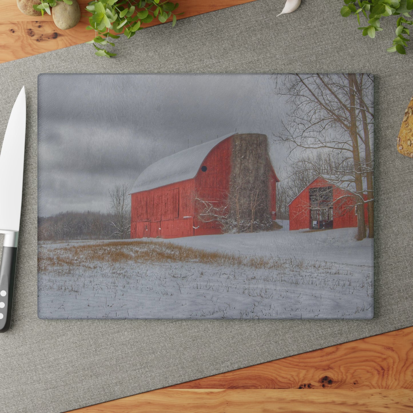 U R There Photography Catlin Reds in Winter II Rustic Farmhouse Tempered-Glass Cutting Board
