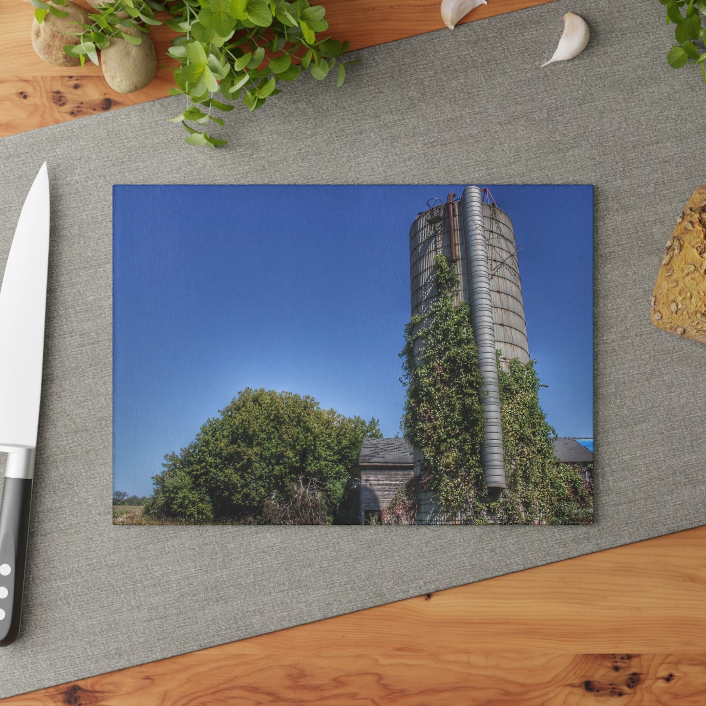 U R There Photography Bordman Road Old Grey and Silo I Rustic Farmhouse Tempered-Glass Cutting Board