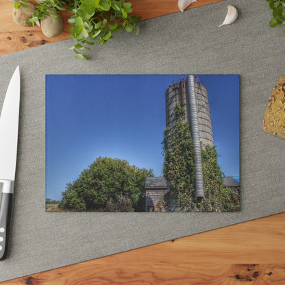 U R There Photography Bordman Road Old Grey and Silo I Rustic Farmhouse Tempered-Glass Cutting Board