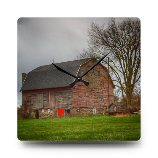 U R There Photography Ashley Drive Fieldstone Red Rustic Farmhouse Acrylic Analog Wall Clock 10.75'' × 10.75'' (Square)