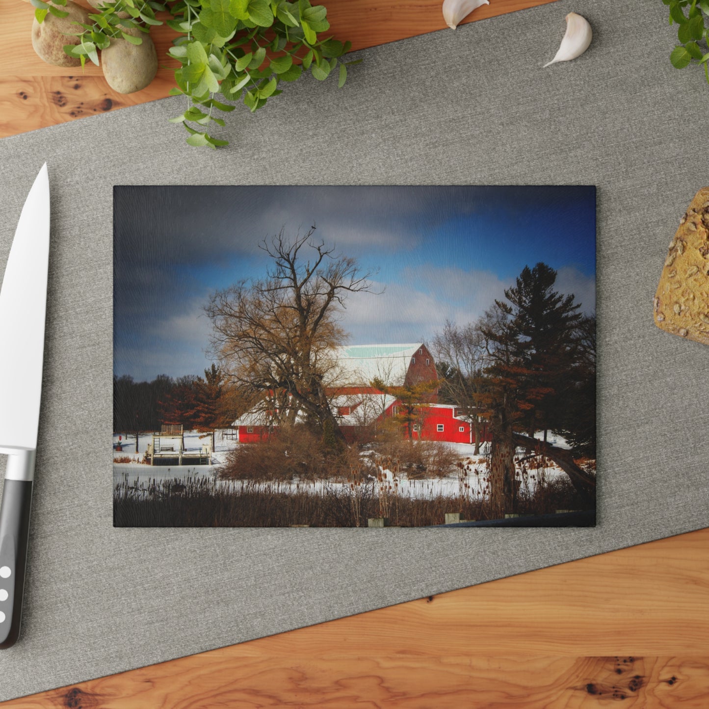 U R There Photography Hadley Road Hidden Winter Red Rustic Farmhouse Tempered-Glass Cutting Board