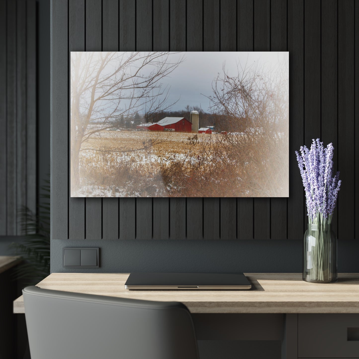 U R There Photography Brook Road Red in Winter Rustic Farmhouse Acrylic Wall Print