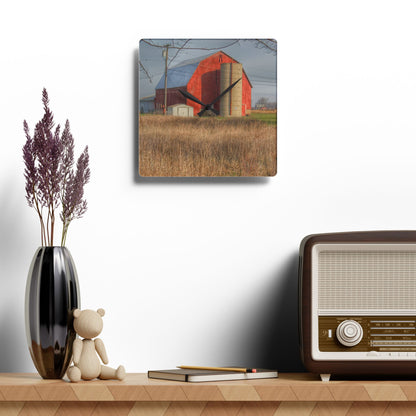 U R There Photography Harrington Road Red and Silo Rustic Farmhouse Acrylic Analog Wall Clock