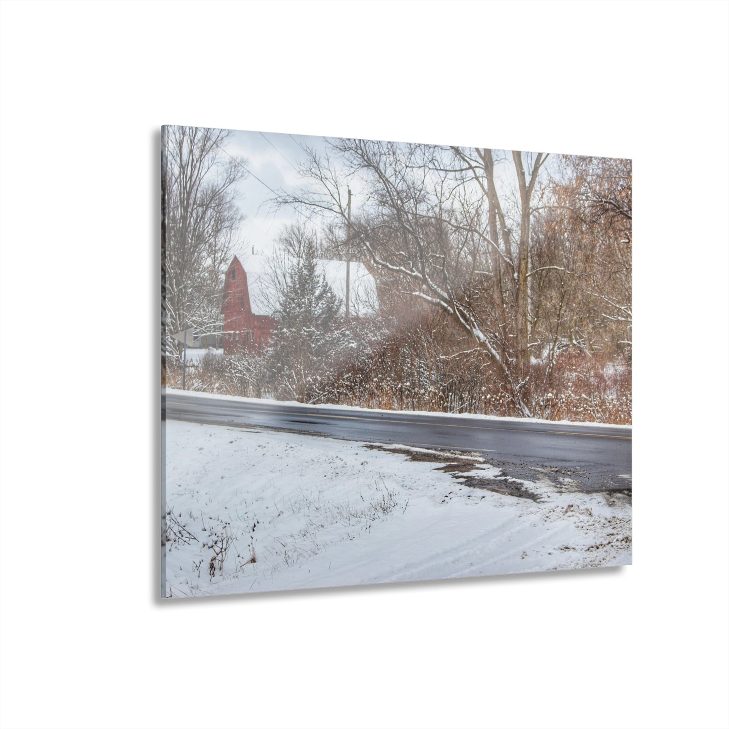 U R There Photography Dodge Road Winter Red Rustic Farmhouse Acrylic Wall Print