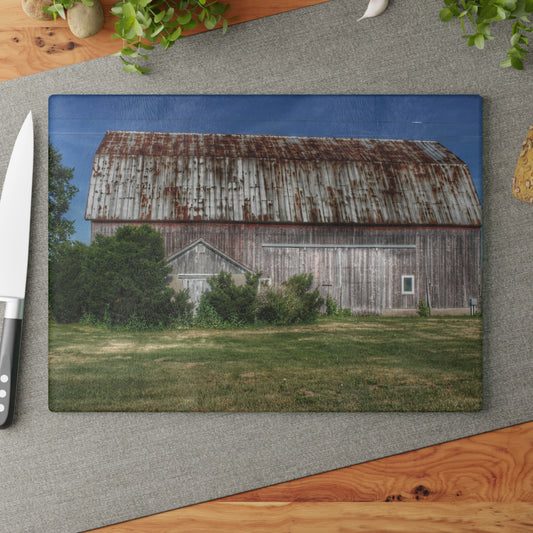 U R There Photography Barkley Road Red in Summer I Rustic Farmhouse Tempered-Glass Cutting Board