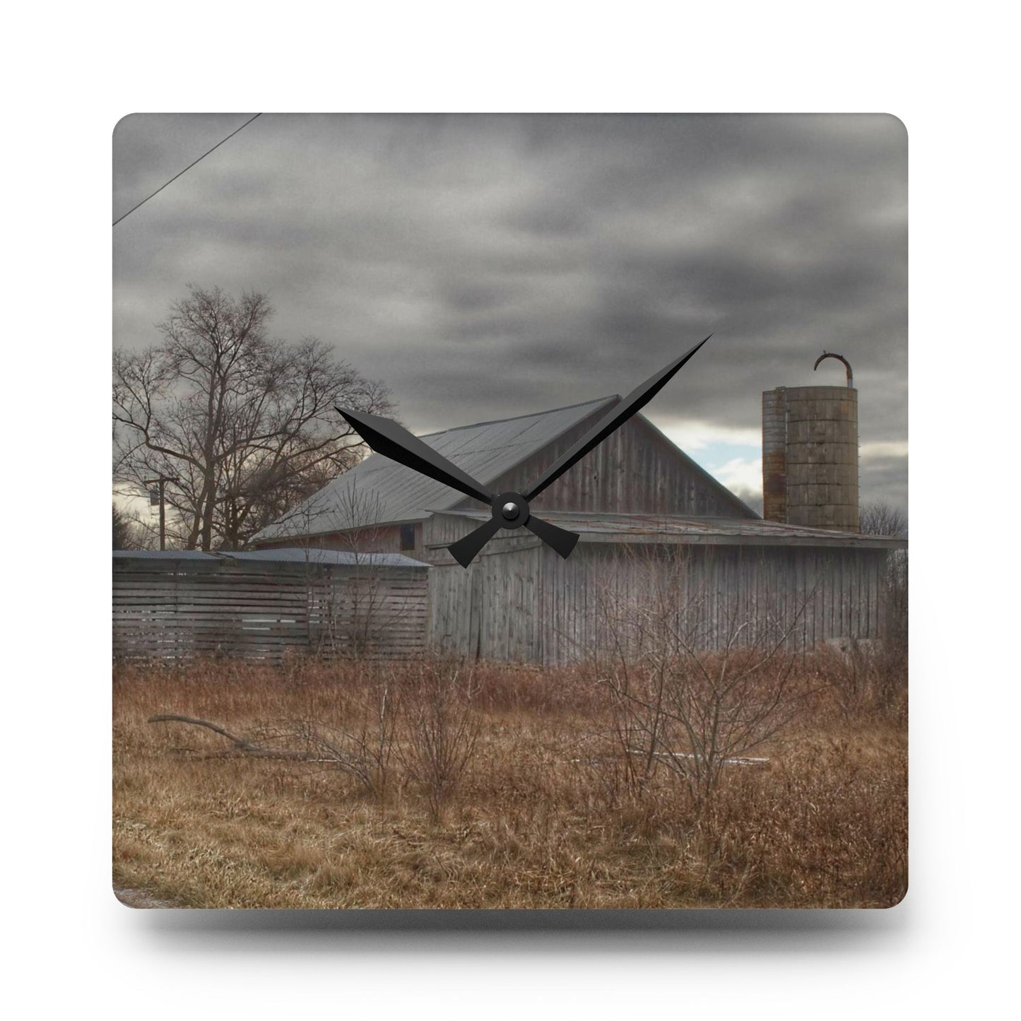 U R There Photography Church Road Grey I Rustic Farmhouse Acrylic Analog Wall Clock