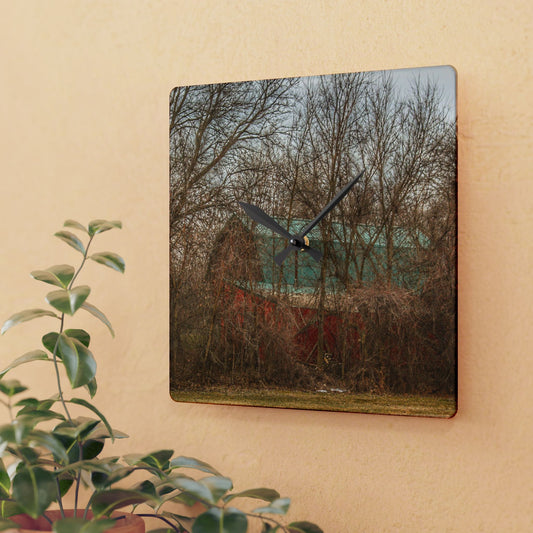 U R There Photography Bray Road Hidden Barnyard Red III Rustic Farmhouse Acrylic Analog Wall Clock