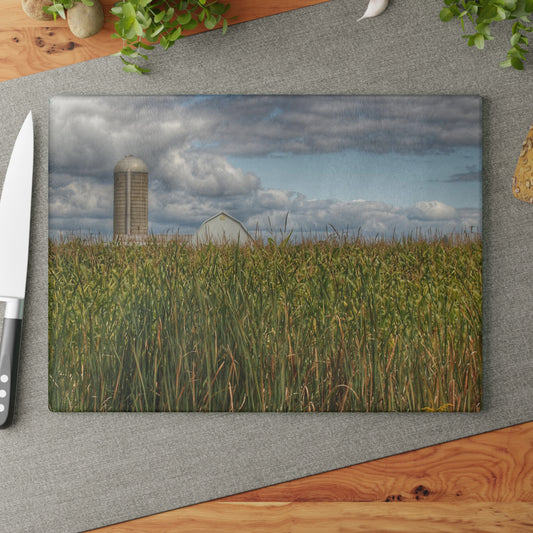 U R There Photography Overlooking a Cornfield Rustic Farmhouse Tempered-Glass Cutting Board