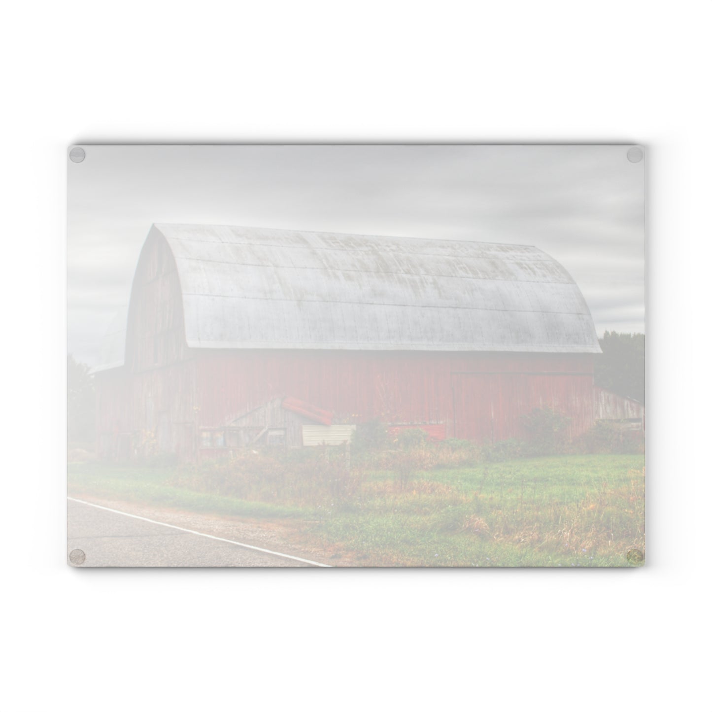 U R There Photography Valentine Road Red Saltbox Rustic Farmhouse Tempered-Glass Cutting Board