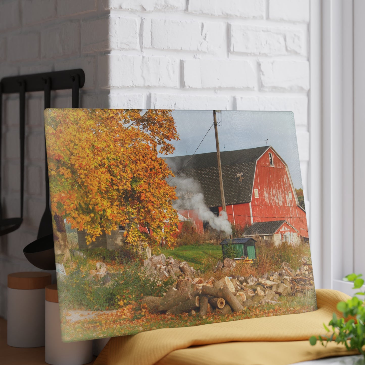 U R There Photography Greenwood Road Red in the Fall Rustic Farmhouse Tempered-Glass Cutting Board