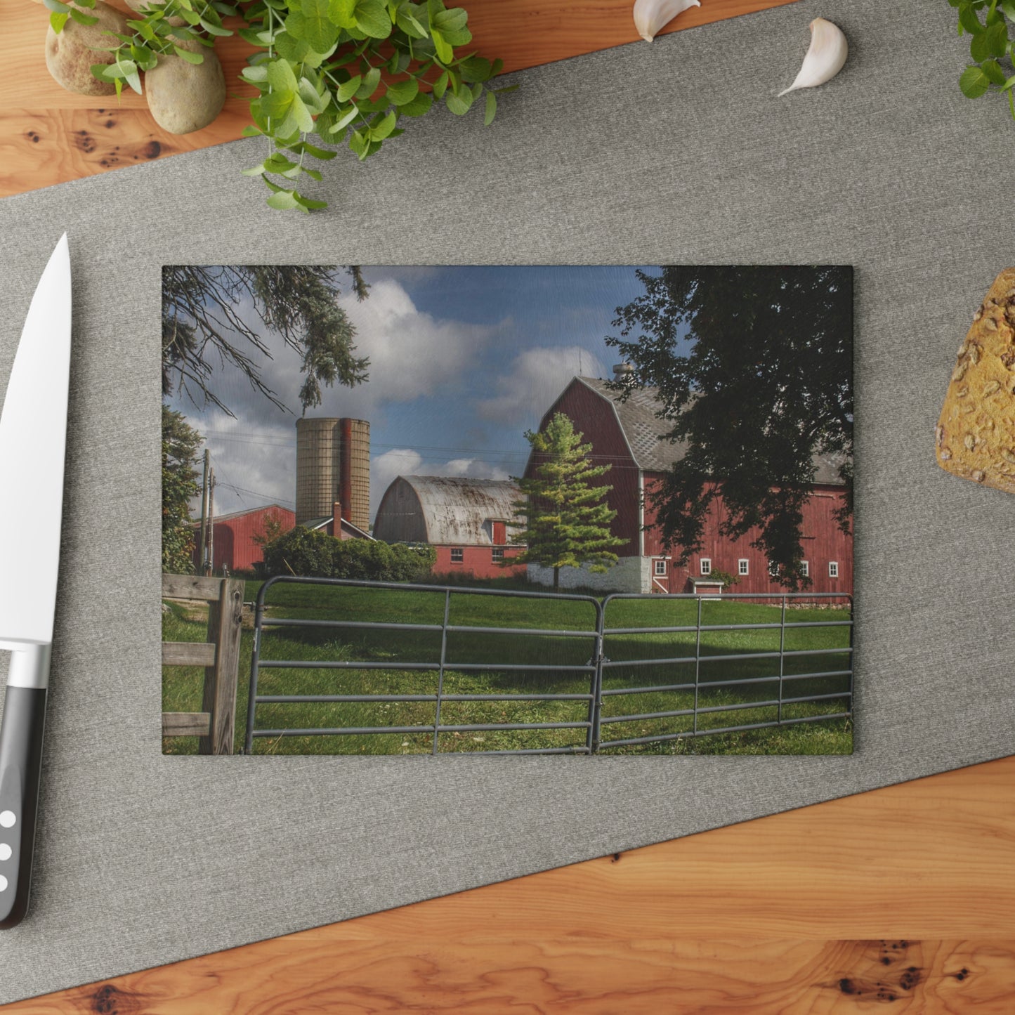 Barn Boutique Rustic Tempered-Glass Cutting Board| Hough Road Reds and Silo