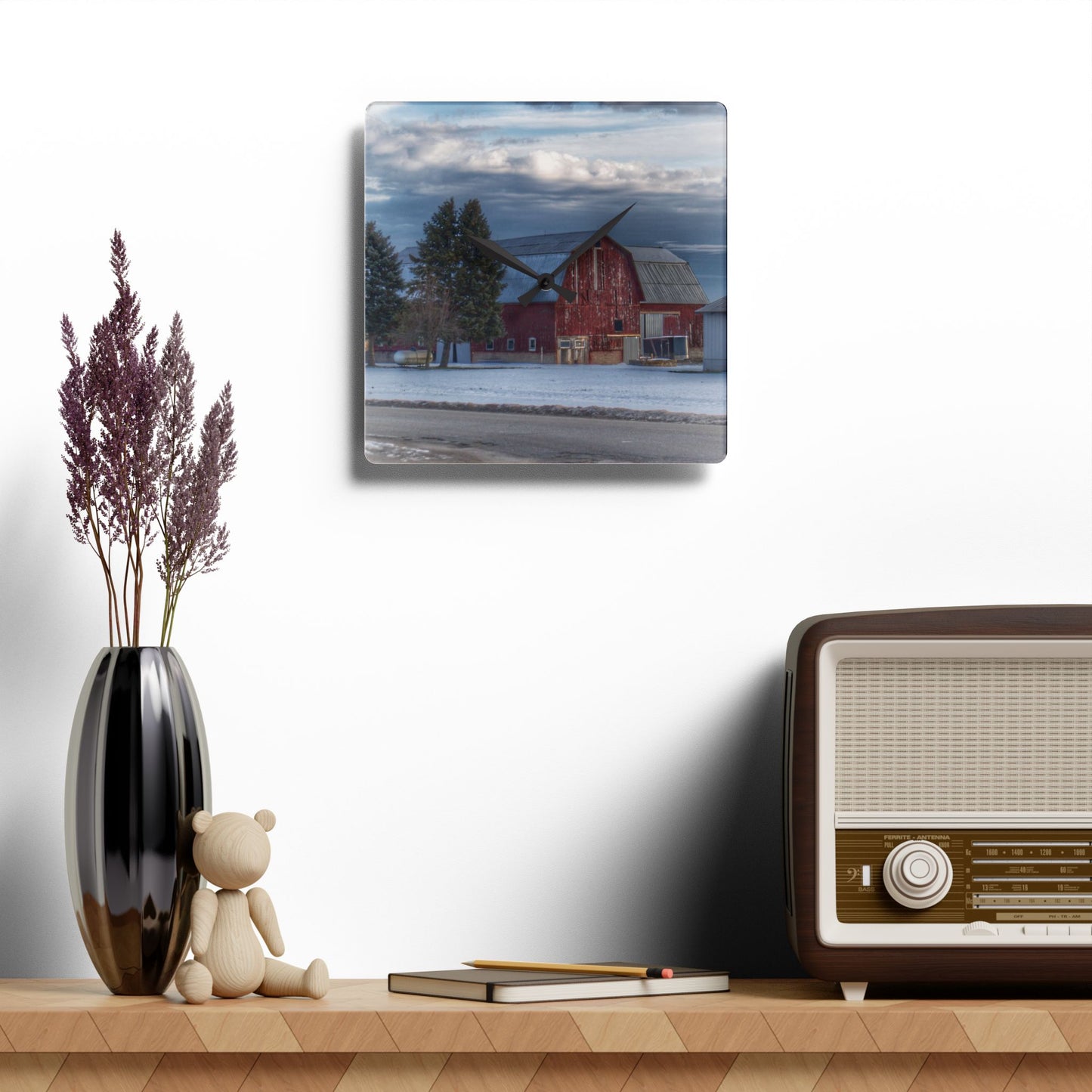U R There Photography Glover Road Red Rustic Farmhouse Acrylic Analog Wall Clock