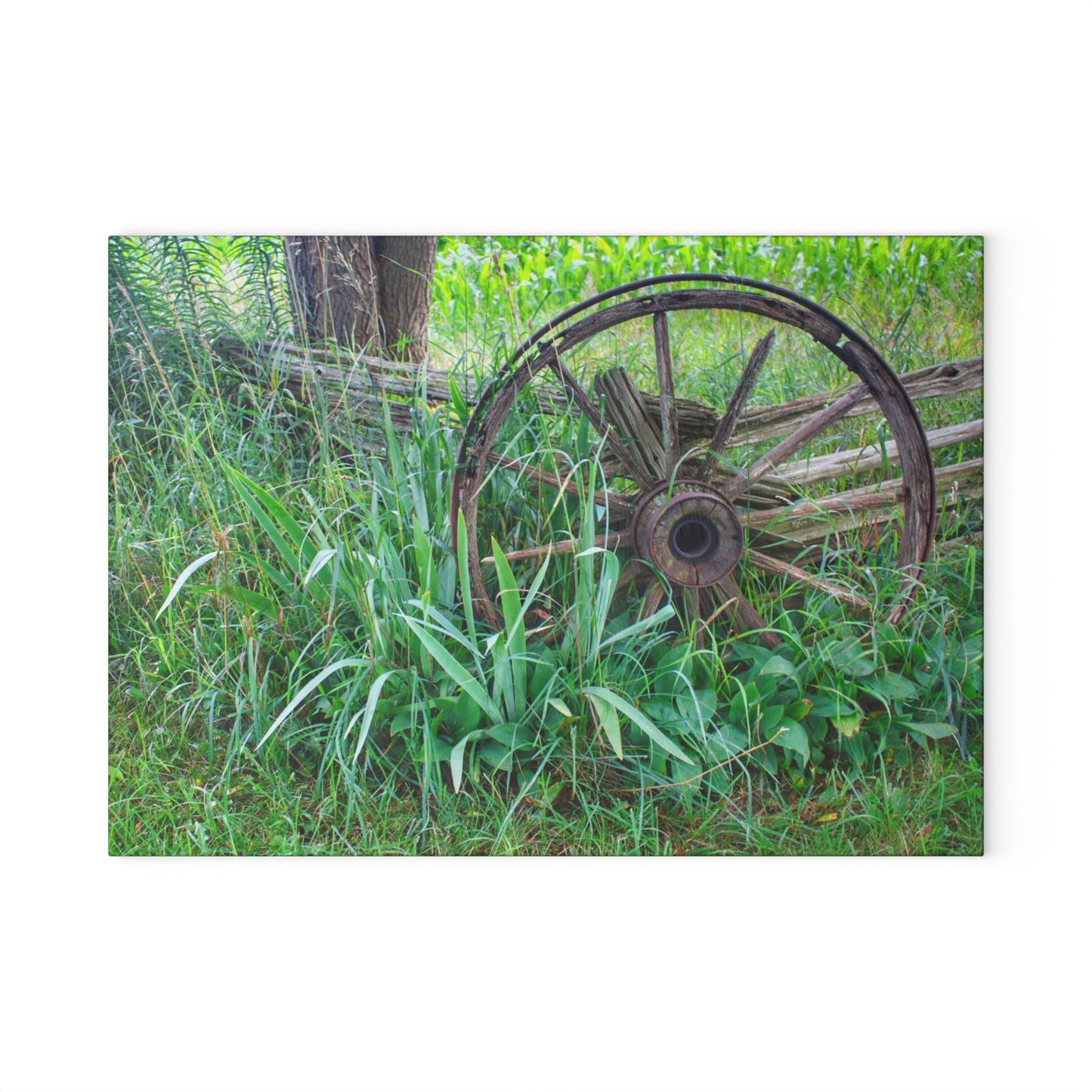 U R There Photography Wagon Wheel Fences Rustic Farmhouse Tempered-Glass Cutting Board