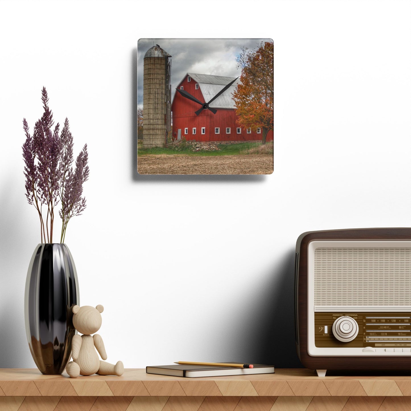 U R There Photography Brigham Road Red Rustic Farmhouse Acrylic Analog Wall Clock