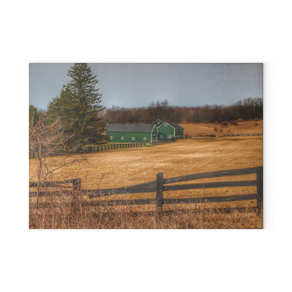 U R There Photography Green Barns and Broken Fences Rustic Farmhouse Tempered-Glass Cutting Board
