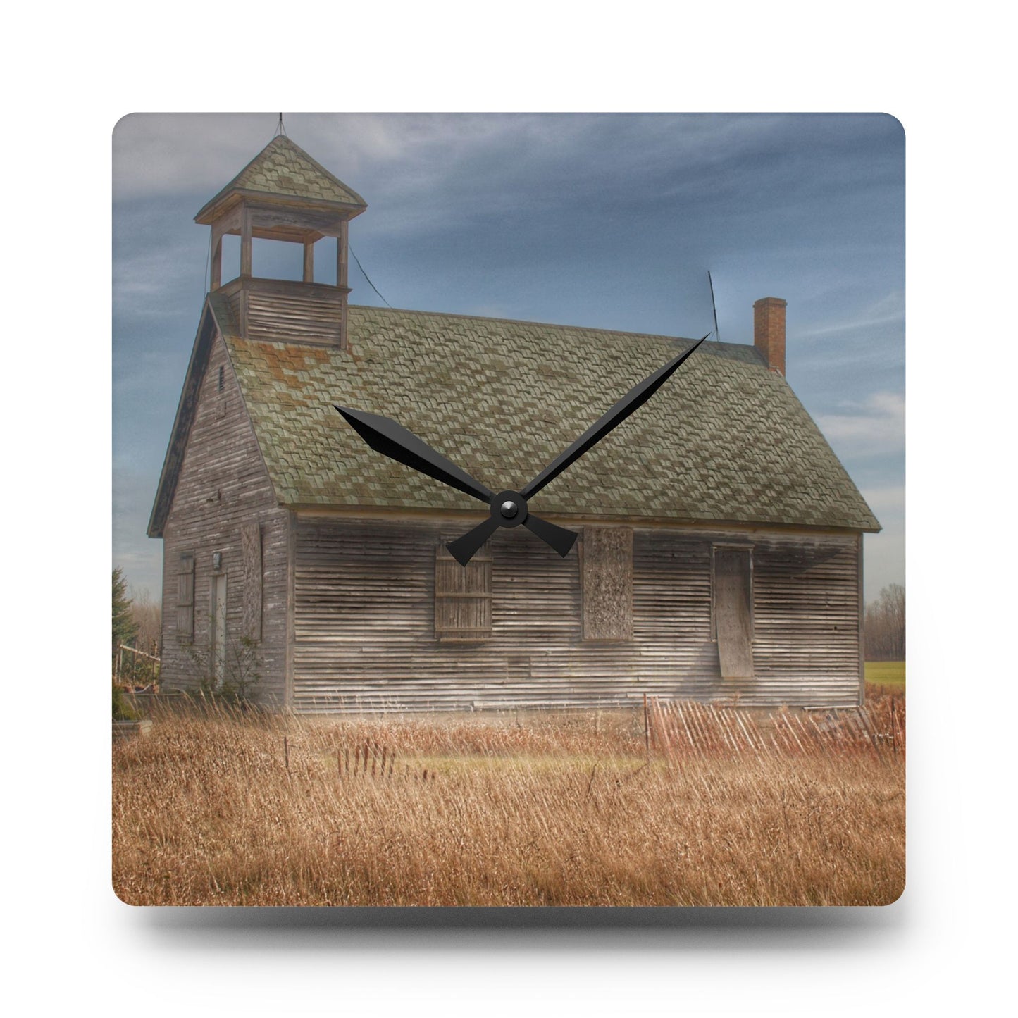 U R There Photography McKenzie Road Old Schoolhouse Rustic Farmhouse Acrylic Analog Wall Clock