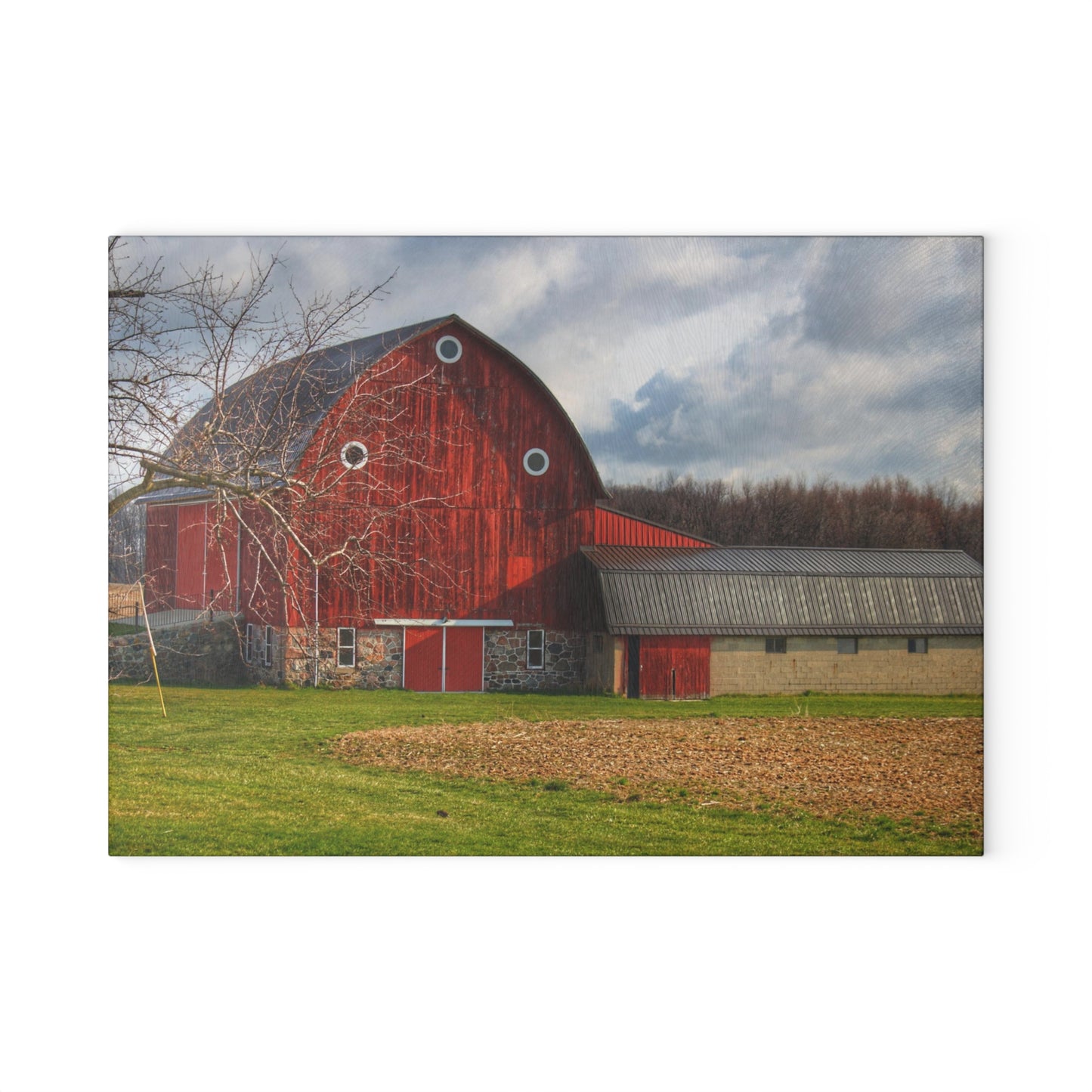 U R There Photography Clear Lake Road Fieldstone Red Rustic Farmhouse Tempered-Glass Cutting Board