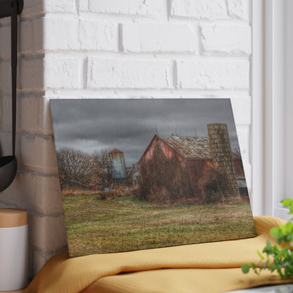 U R There Photography Slattery Road Old Red and Silo II Rustic Farmhouse Tempered-Glass Cutting Board 8"x 11"d