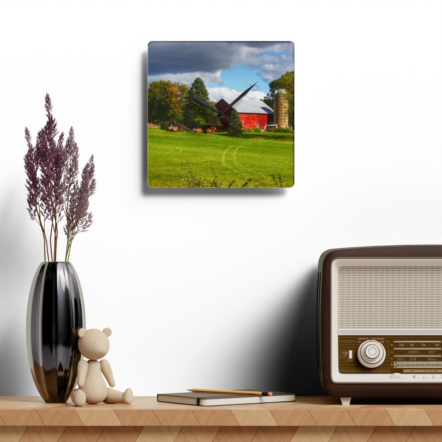 U R There Photography Columbiaville Road Red II Rustic Farmhouse Acrylic Analog Wall Clock